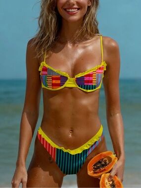 TikTok Viral Yellow-Trim Multi-Stripe Women's Bikini Set